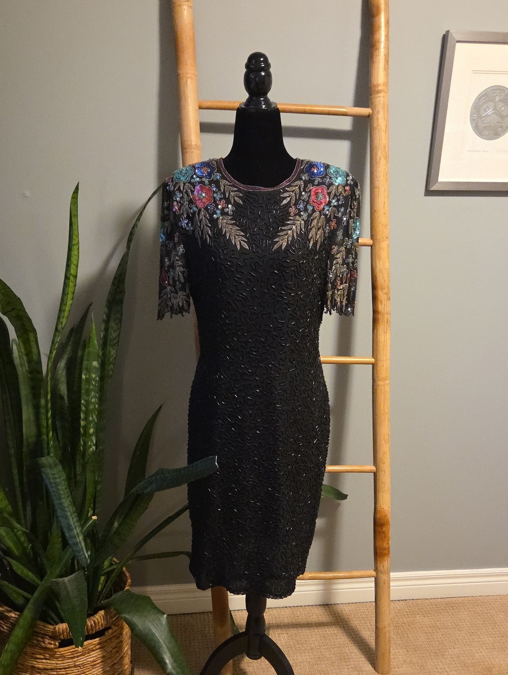 80s GLAM Black Embellished Short Sleeve Cocktail Dress
